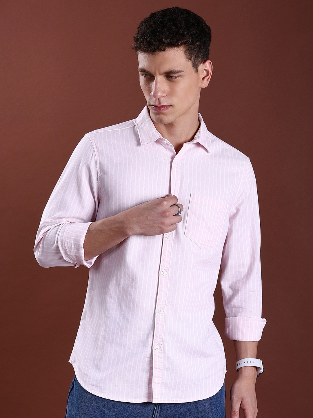 

HIGHLANDER Pink Slim Fit Vertical Striped Spread Collar Chest Pocket Casual Shirt