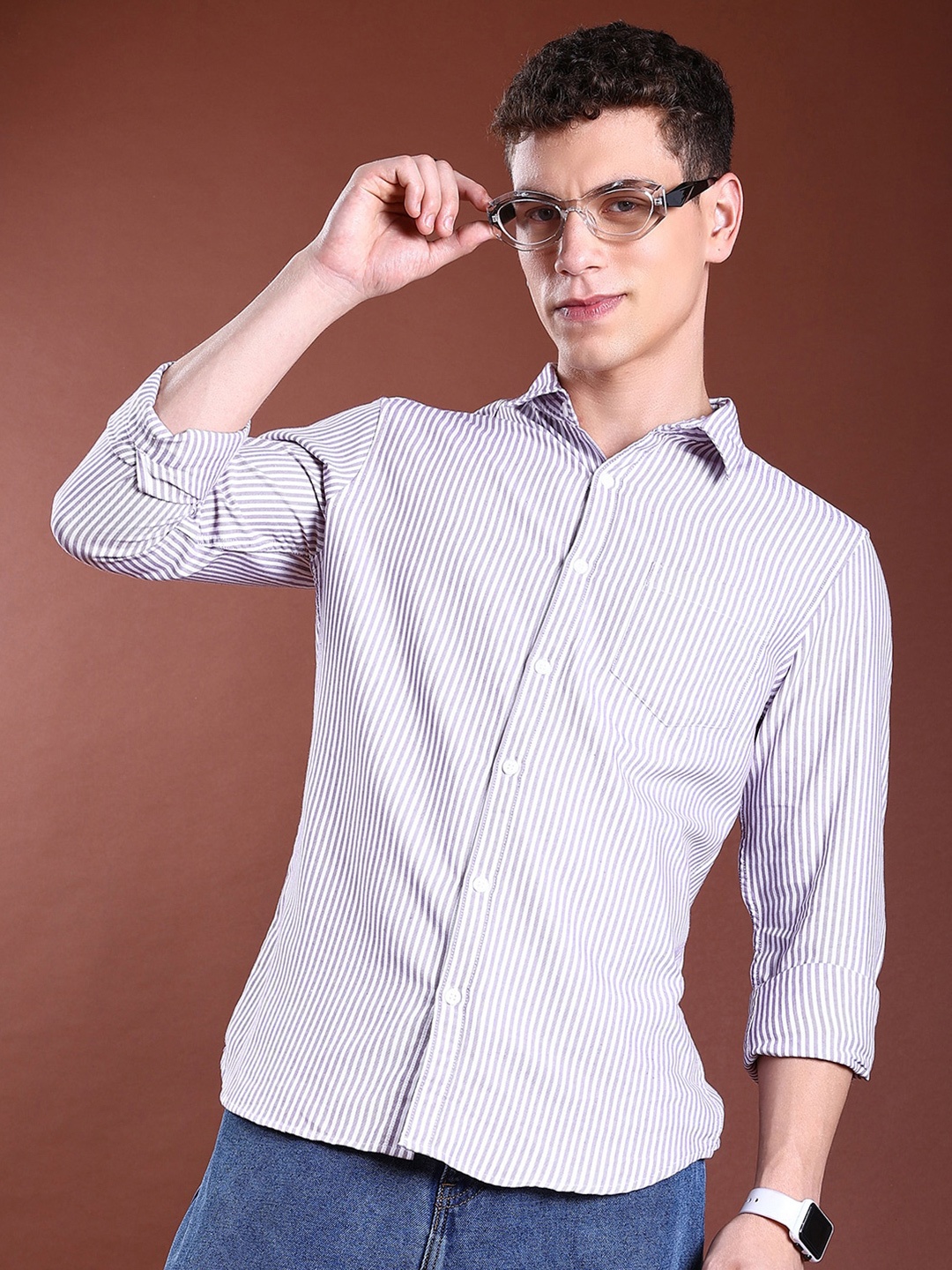 

HIGHLANDER Lavender Slim Fit Vertical Striped Spread Collar Chest Pocket Casual Shirt