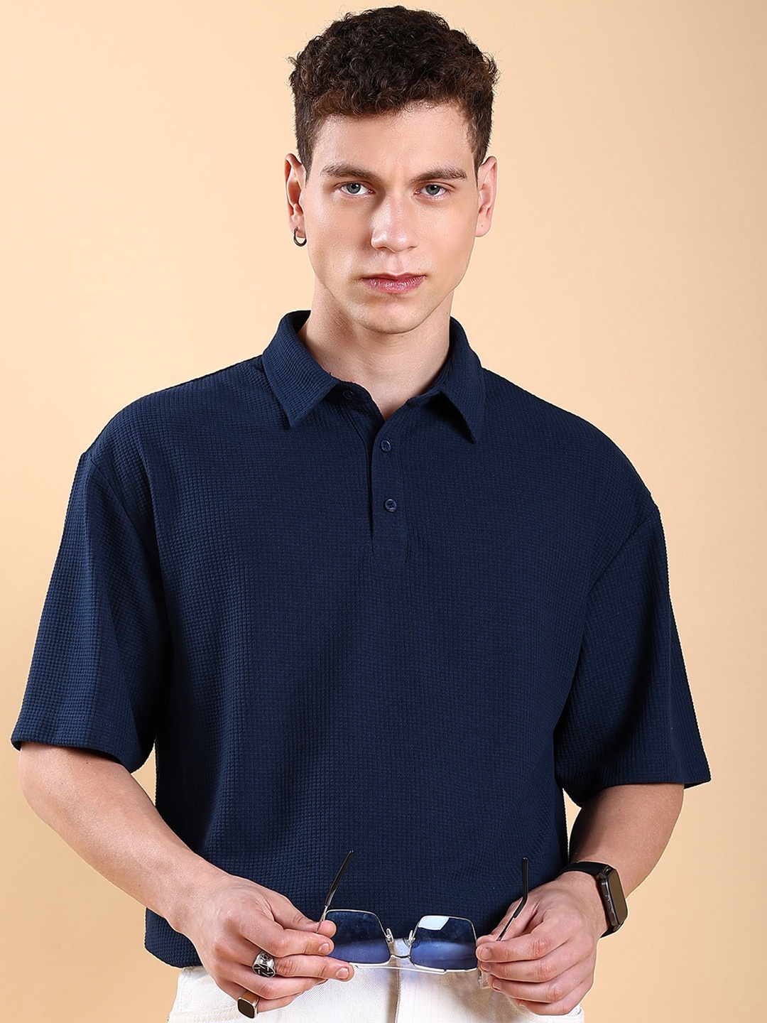 

HIGHLANDER Oversized Polo Collar Popcorn Structured Drop-Shoulder Sleeves T-Shirt, Navy blue