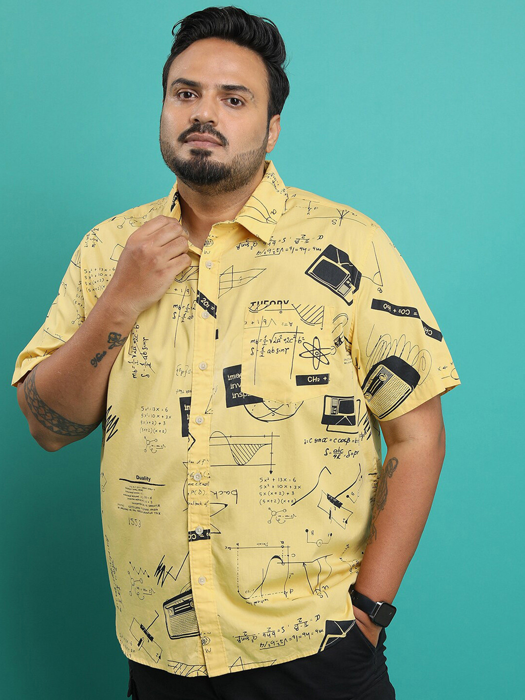 

HIGHLANDER Plus Size Yellow Graphic Printed Spread Collar Chest Pocket Cotton Shirt
