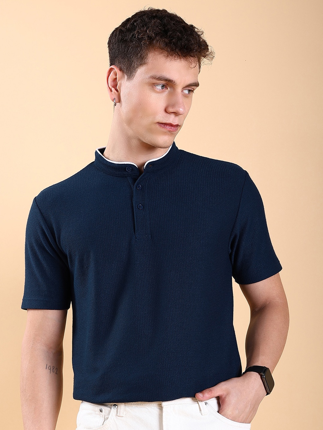 

HIGHLANDER Mandarin Collar Popcorn Structured T-shirt, Navy blue