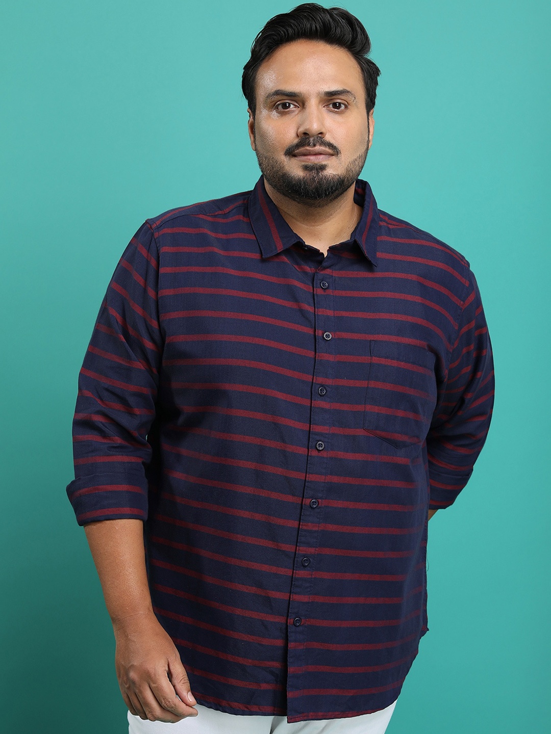 

HIGHLANDER Men Plus Size Horizontal Striped Regular Fit Casual Shirt, Navy blue