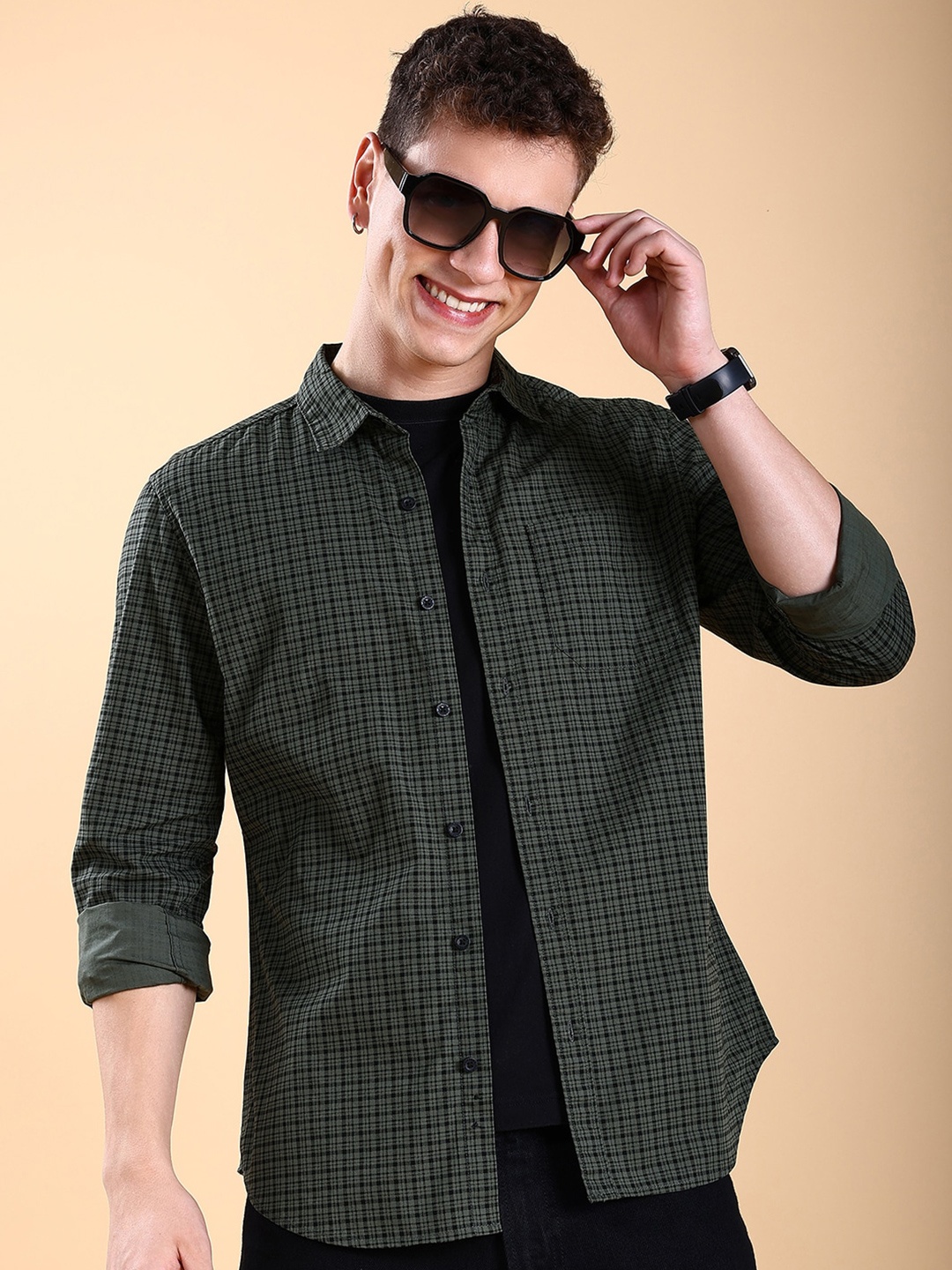 

HIGHLANDER Grid Tattersall Checked Slim Fit Cotton Casual Shirt, Green