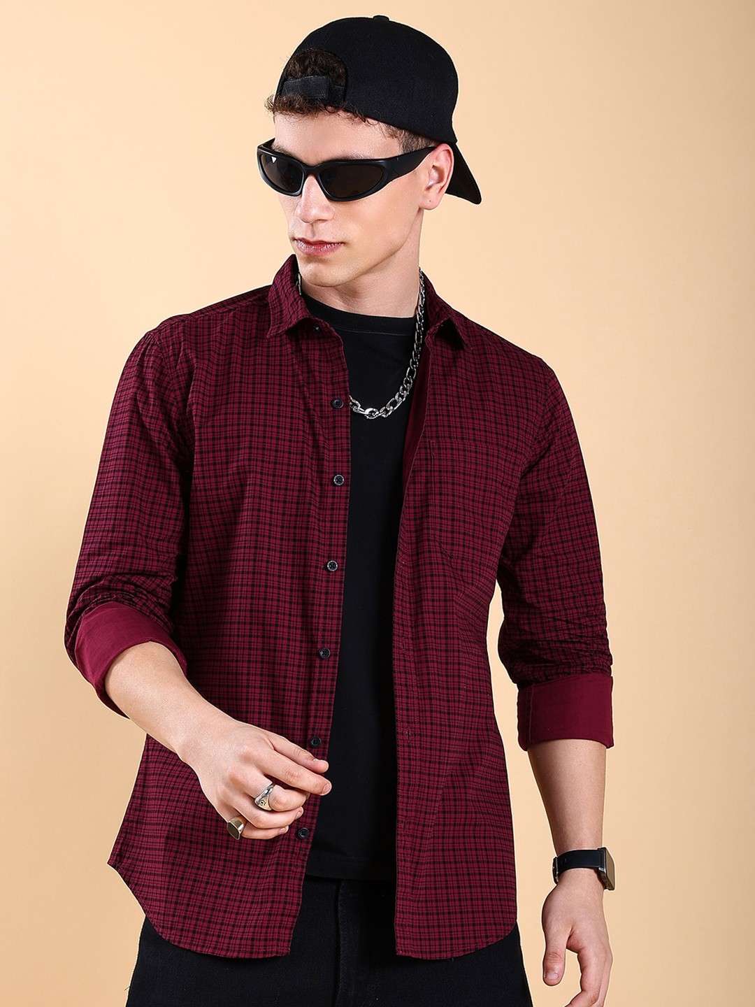 

HIGHLANDER Maroon Slim Fit Grid Tattersall Checks Casual Shirt