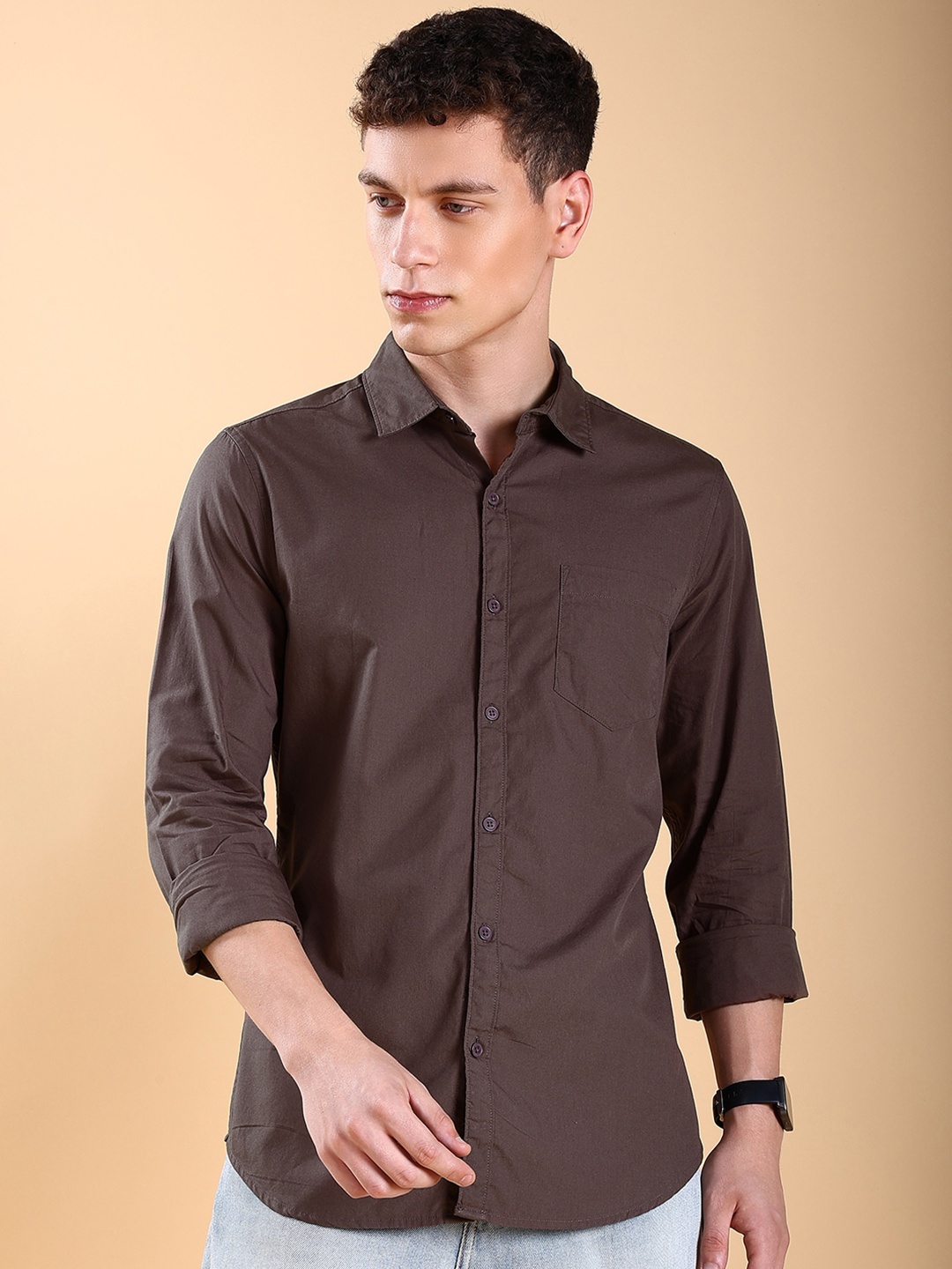 

HIGHLANDER Brown Slim Fit Cotton Casual Shirt