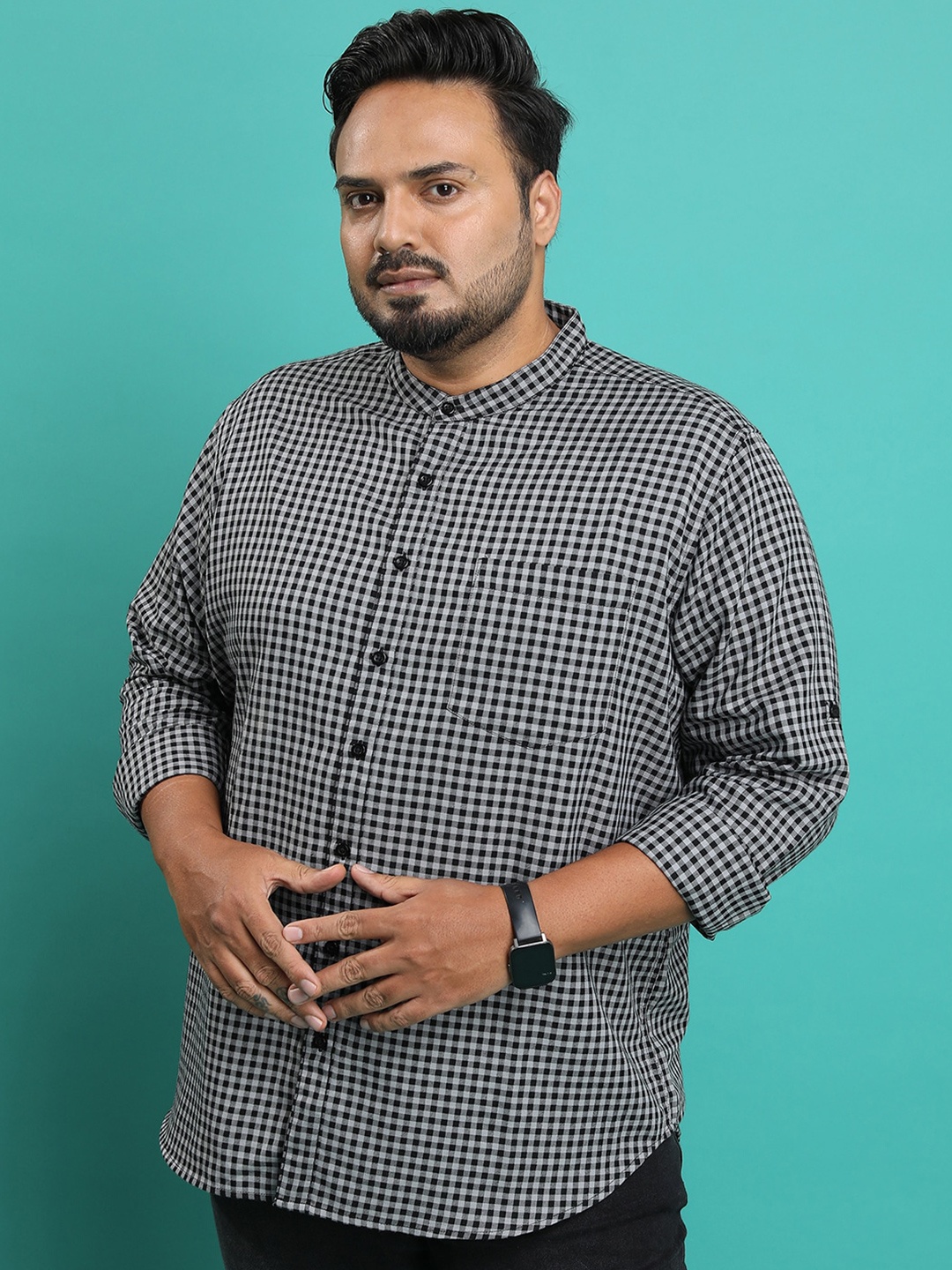 

HIGHLANDER Men Plus Size Gingham Checks Casual Shirt, Black