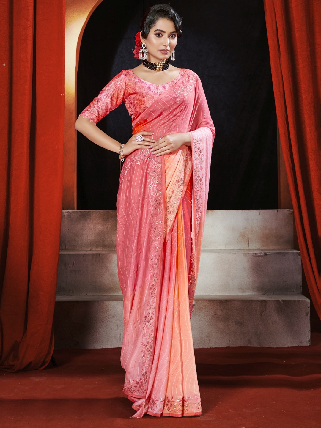 

KALINI Striped Embroidered Pure Georgette Saree, Peach