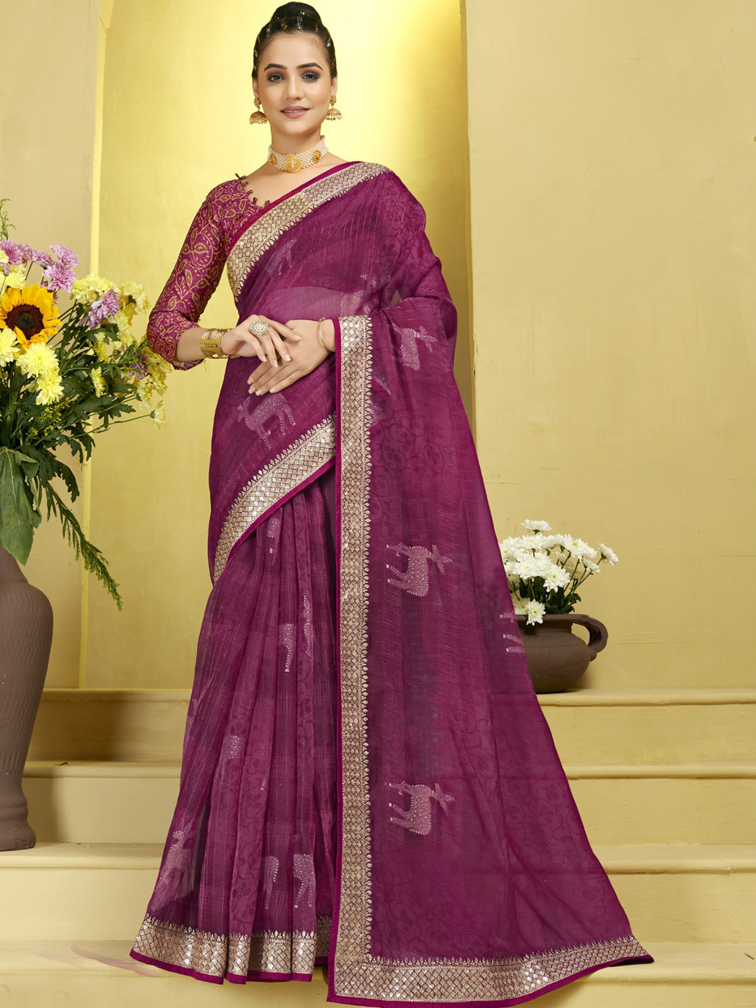 

KALINI Striped Sequined Organza Saree, Magenta