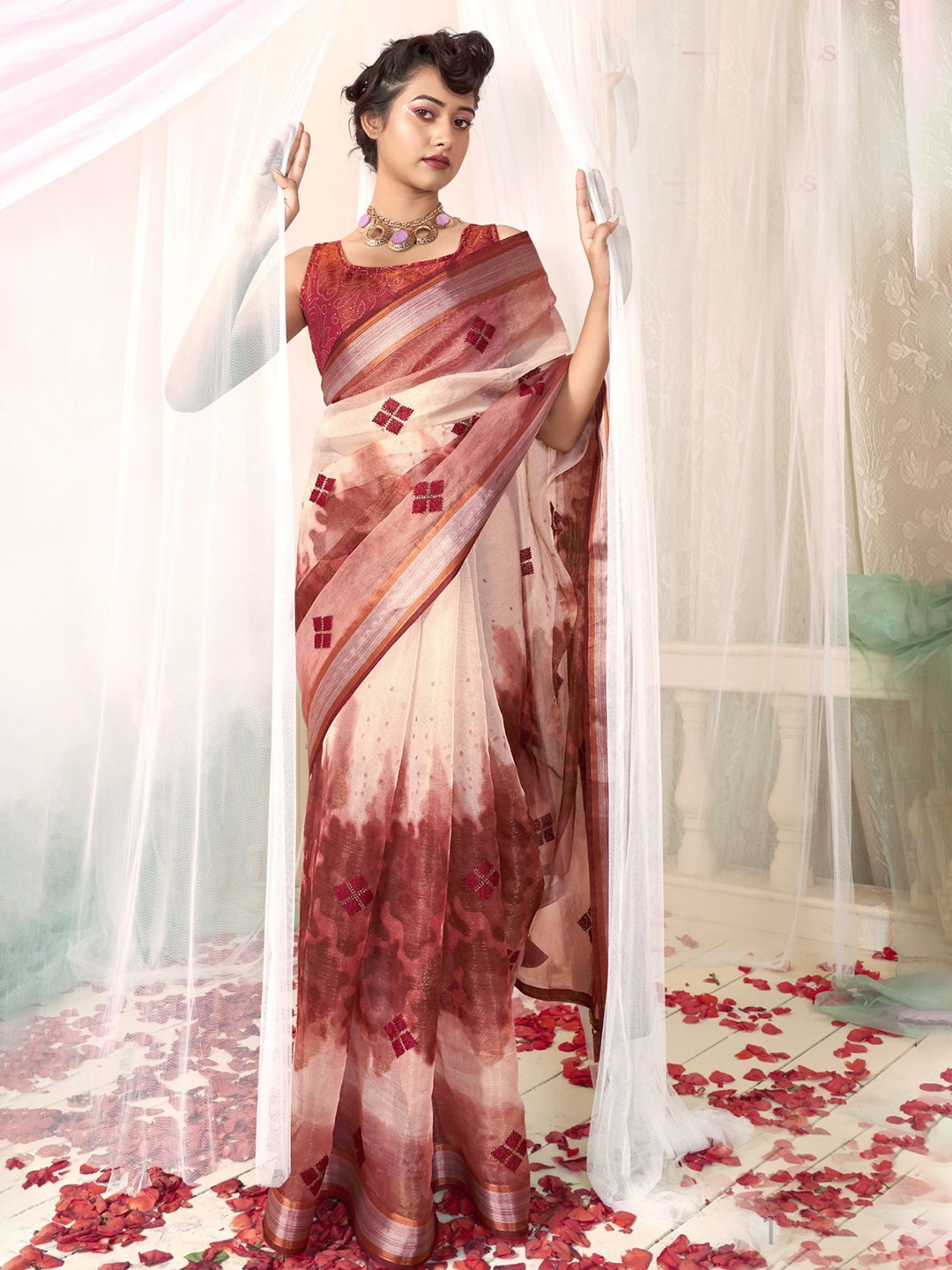 

KALINI Abstract Printed Zari Organza Saree, Maroon
