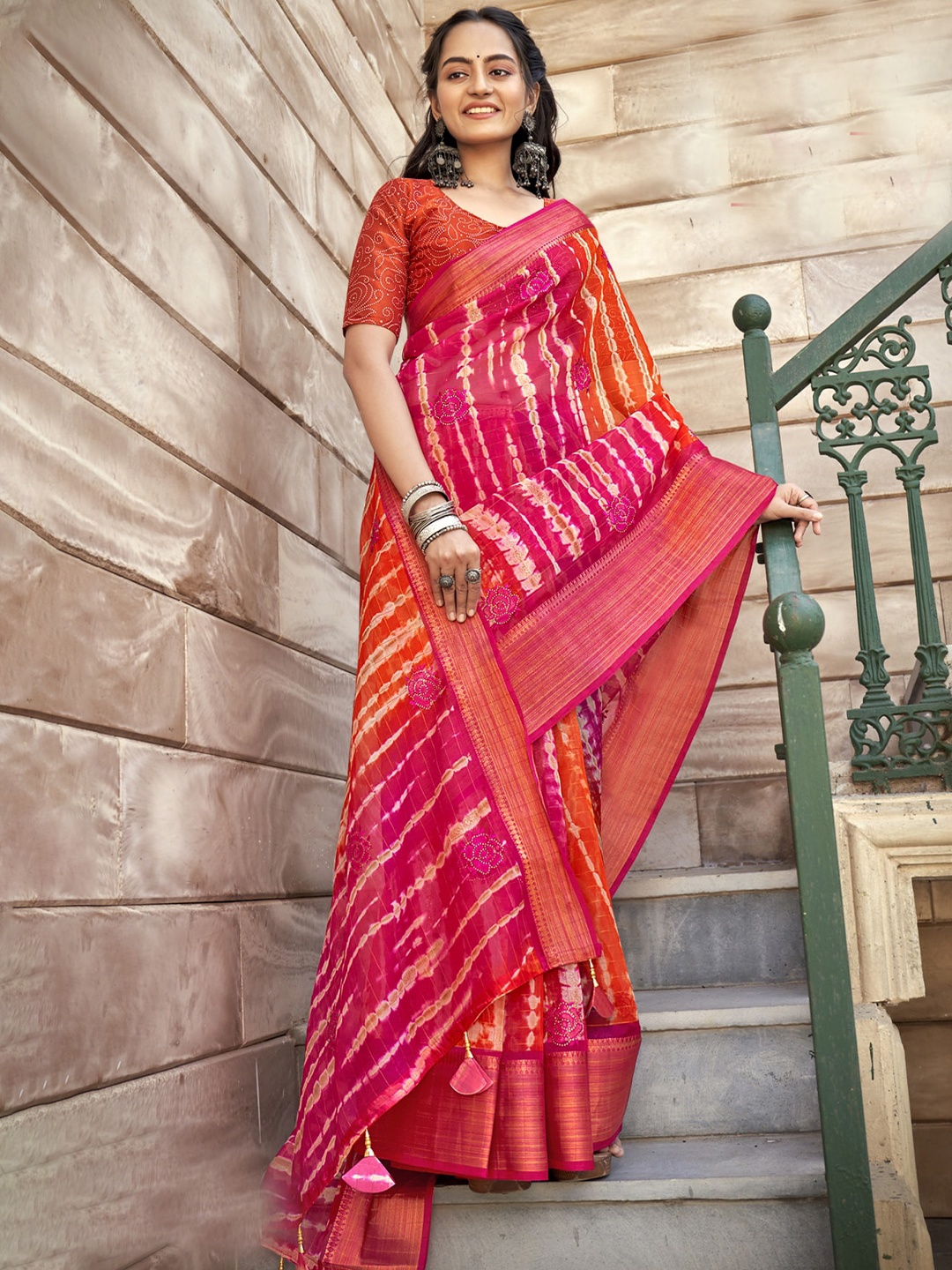 

KALINI Tie & Dye Zari Organza Saree, Pink