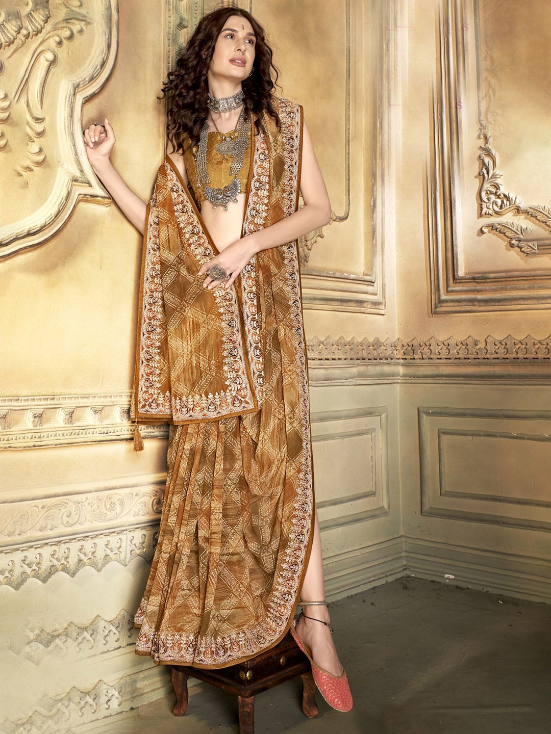 

KALINI Ethnic Printed Embroidered Pure Georgette Saree, Brown