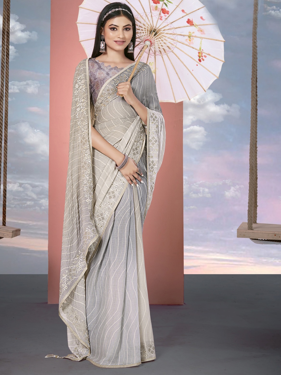 

KALINI Striped Embroidered Pure Georgette Saree, Grey