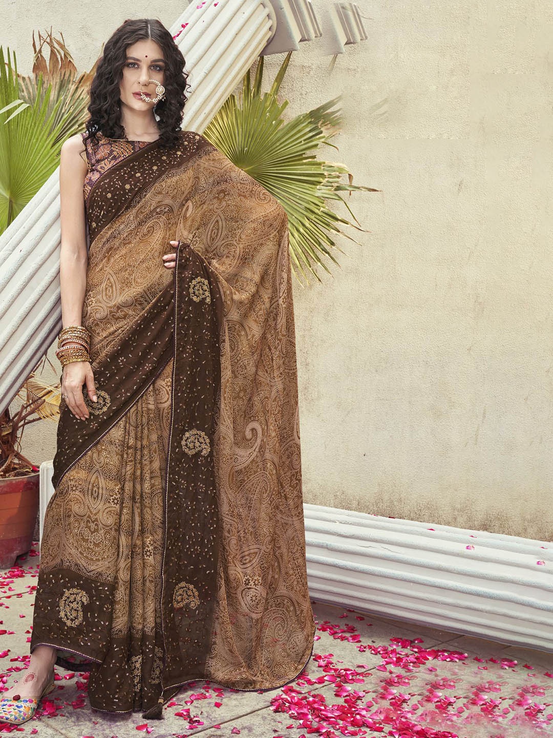 

KALINI Paisley Printed Embroidered Pure Georgette Saree, Brown