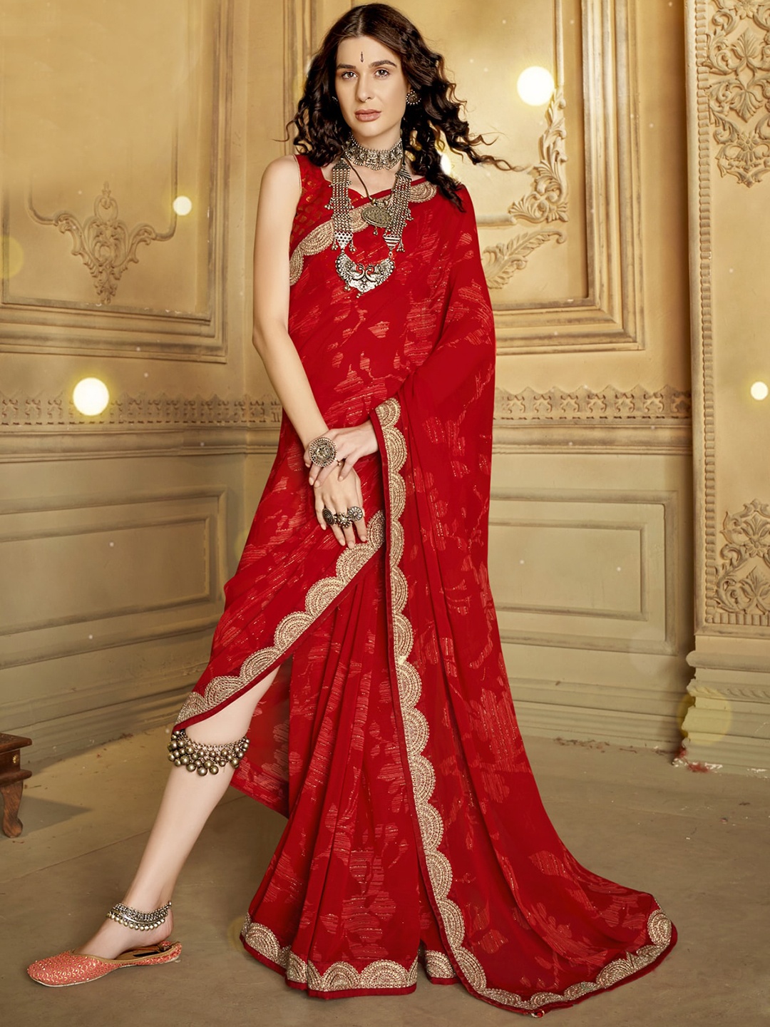 

KALINI Floral Embroidered Pure Georgette Saree, Red