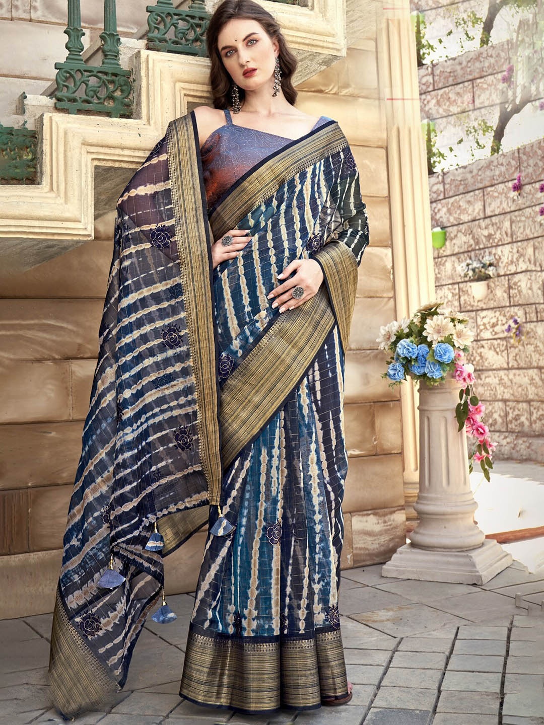 

KALINI Printed Zari Organza Saree, Navy blue