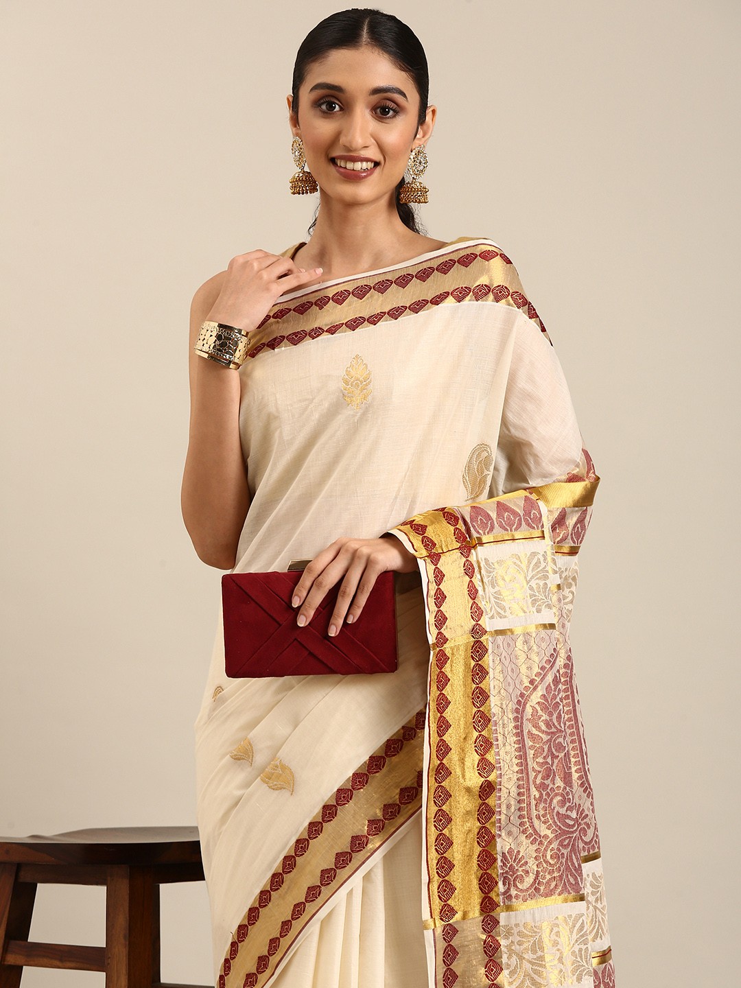 

Thara Sarees Ethnic Motifs Zari Pure Cotton Kasavu Saree, Off white