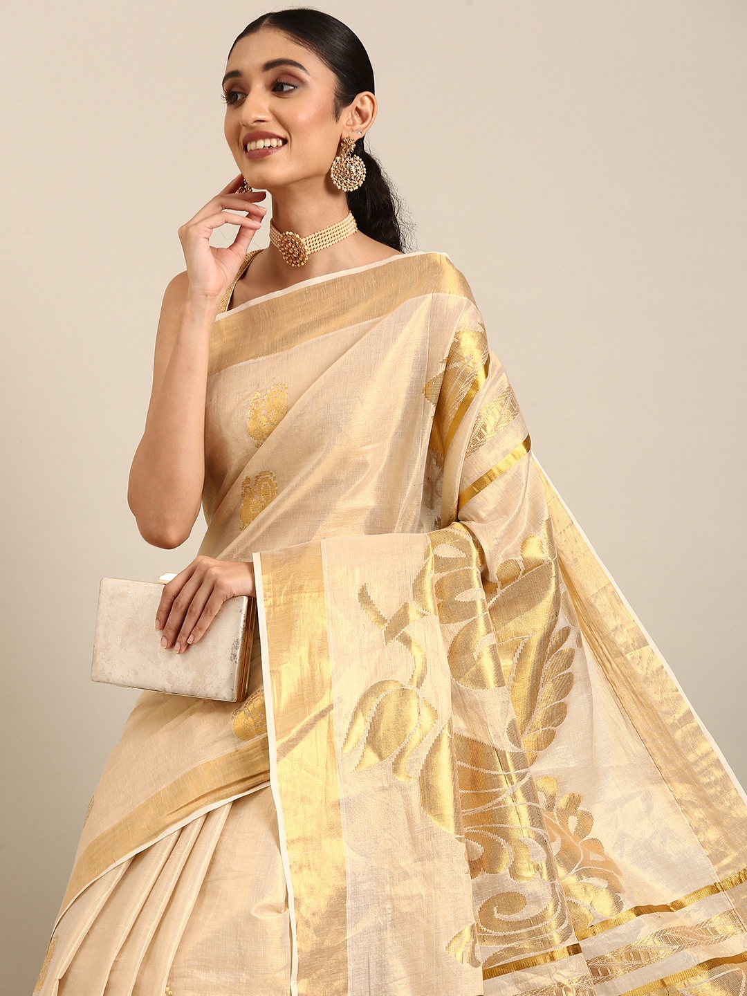 

Thara Sarees Ethnic Motifs Zari Pure Cotton Kasavu Saree, Gold