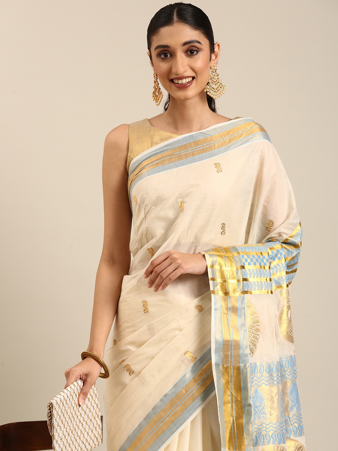 

Thara Sarees Ethnic Motifs Zari Pure Cotton Kasavu Saree, Off white