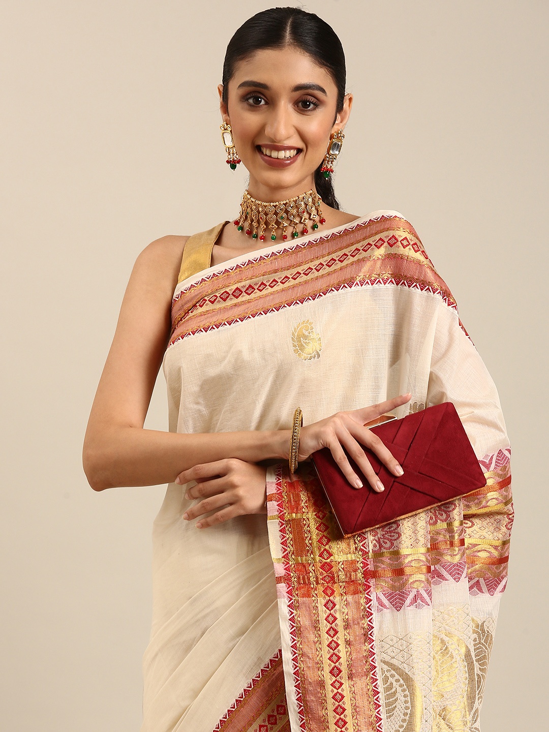 

Thara Sarees Ethnic Motifs Zari Pure Cotton Kasavu Saree, Off white
