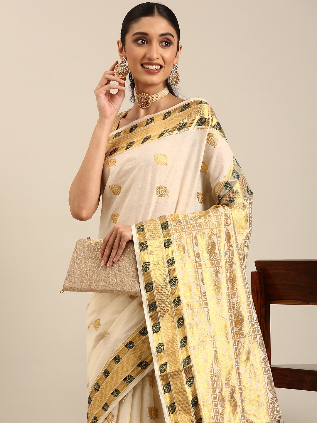 

Thara Sarees Ethnic Motifs Zari Pure Cotton Kasavu Saree, Off white