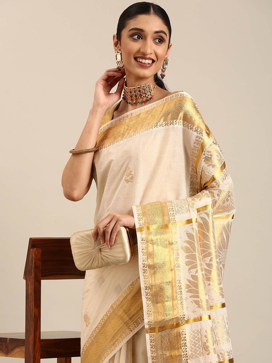

Thara Sarees Ethnic Motifs Zari Pure Cotton Kasavu Saree, Off white