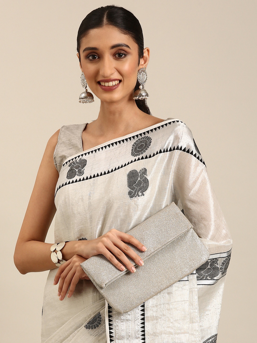 

Thara Sarees Ethnic Motifs Zari Pure Cotton Kasavu Saree, Silver