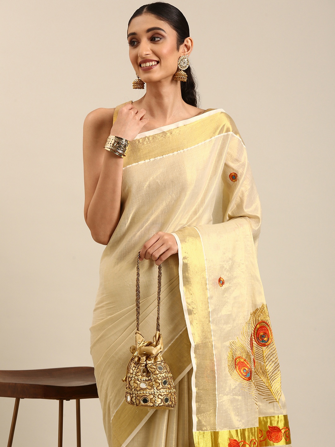 

Thara Sarees Embroidered Pure Cotton Kasavu Saree, Gold