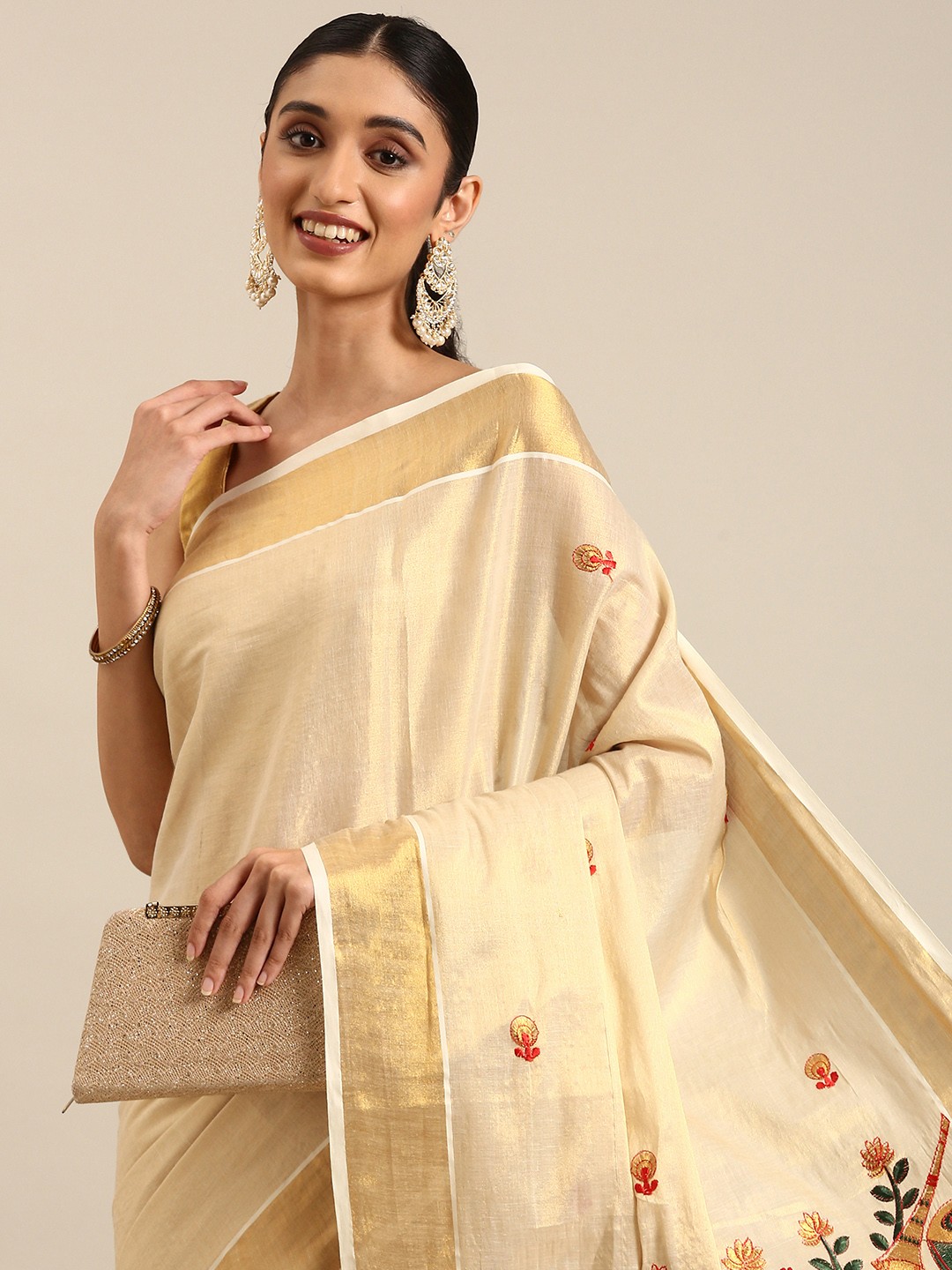 

Thara Sarees Ethnic Motifs Embroidered Zari Pure Cotton Kasavu Saree, Gold