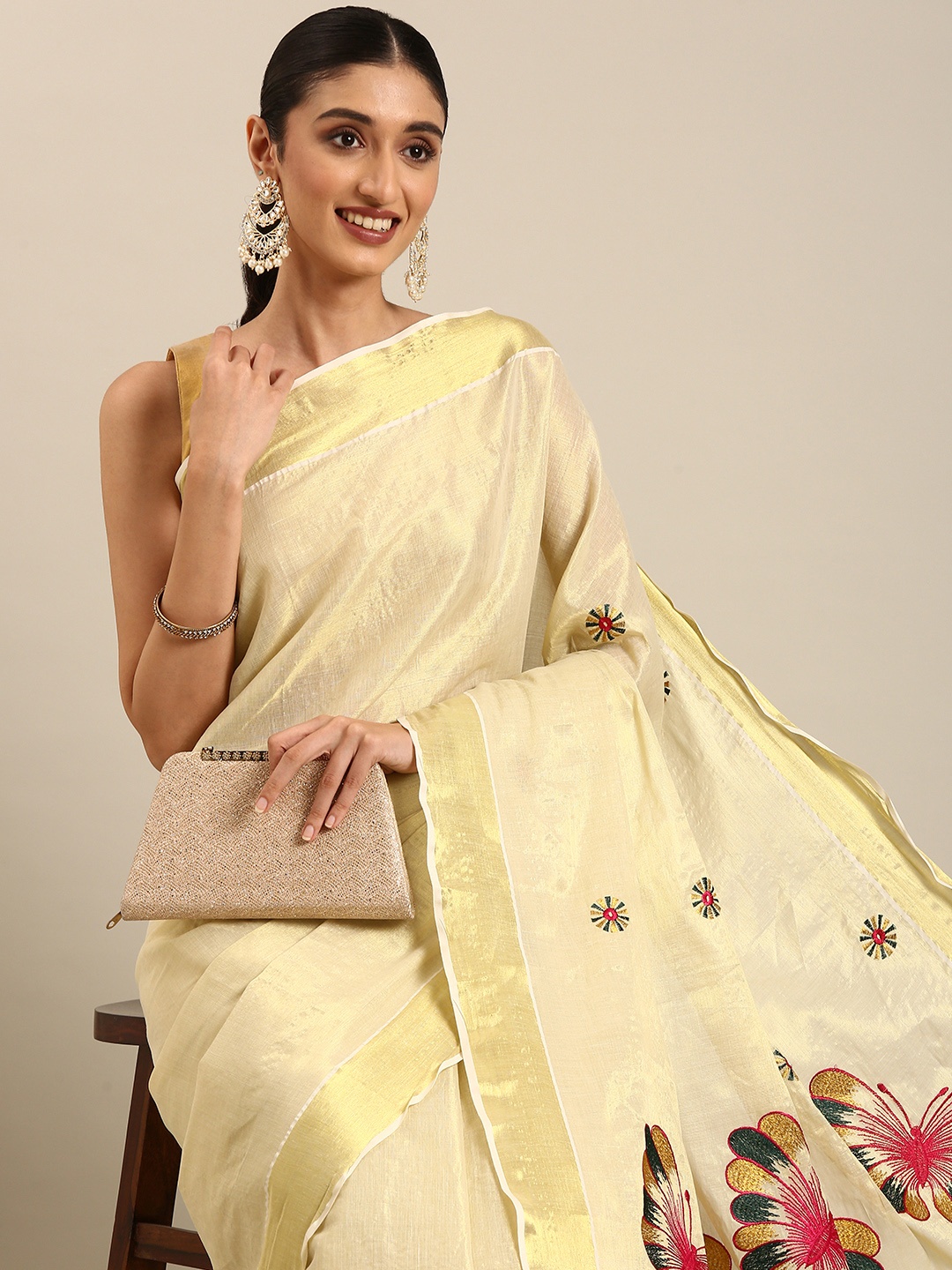 

Thara Sarees Embroidered Pure Cotton Kasavu Saree, Gold