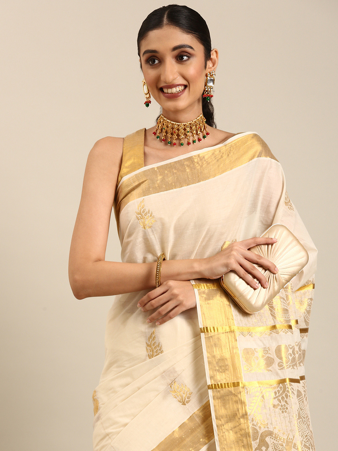 

Thara Sarees Ethnic Motifs Zari Pure Cotton Kasavu Saree, Off white