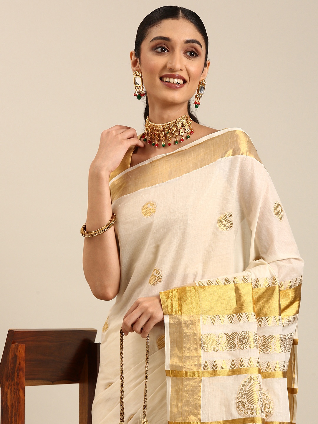 

Thara Sarees Ethnic Motifs Zari Pure Cotton Kasavu Saree, Off white