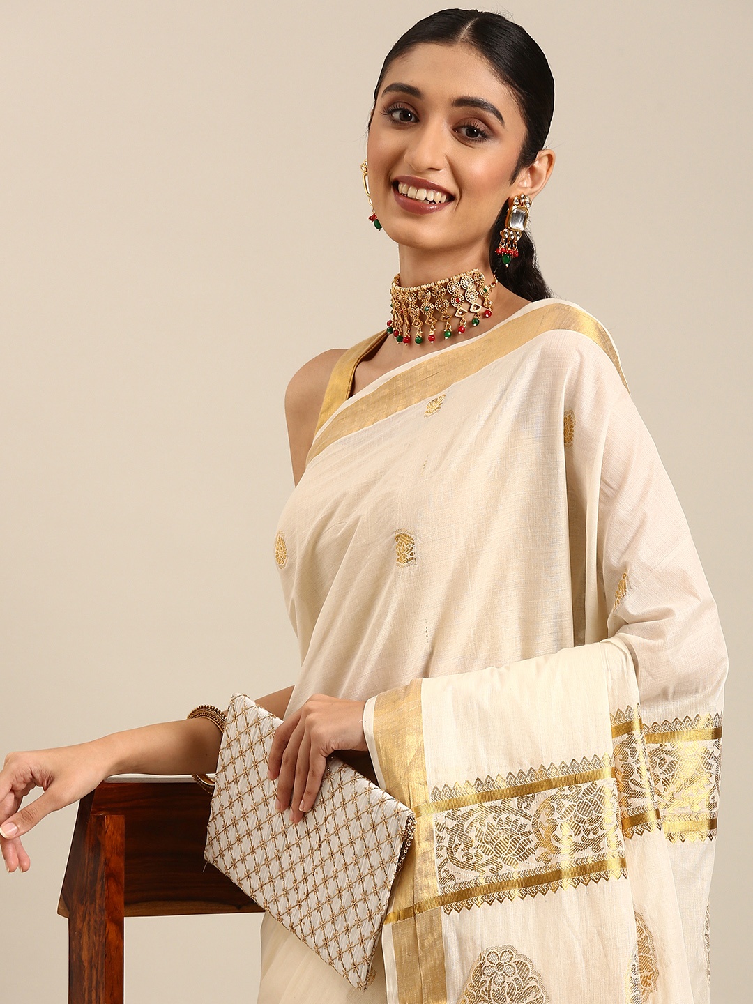 

Thara Sarees Ethnic Motifs Zari Pure Cotton Kasavu Saree, Off white