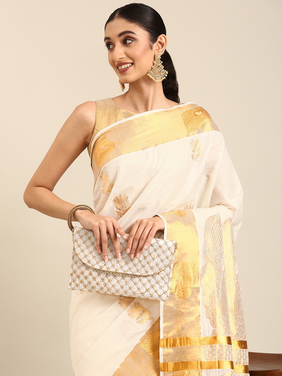 

Thara Sarees Ethnic Motifs Zari Pure Cotton Kasavu Saree, Off white