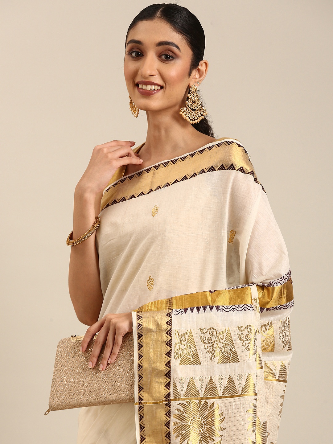

Thara Sarees Ethnic Motifs Zari Pure Cotton Kasavu Saree, Off white