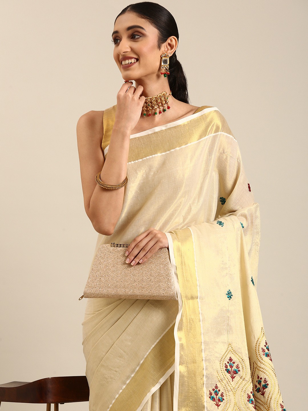 

Thara Sarees Ethnic Motifs Embroidered Pure Cotton Kasavu Saree, Gold