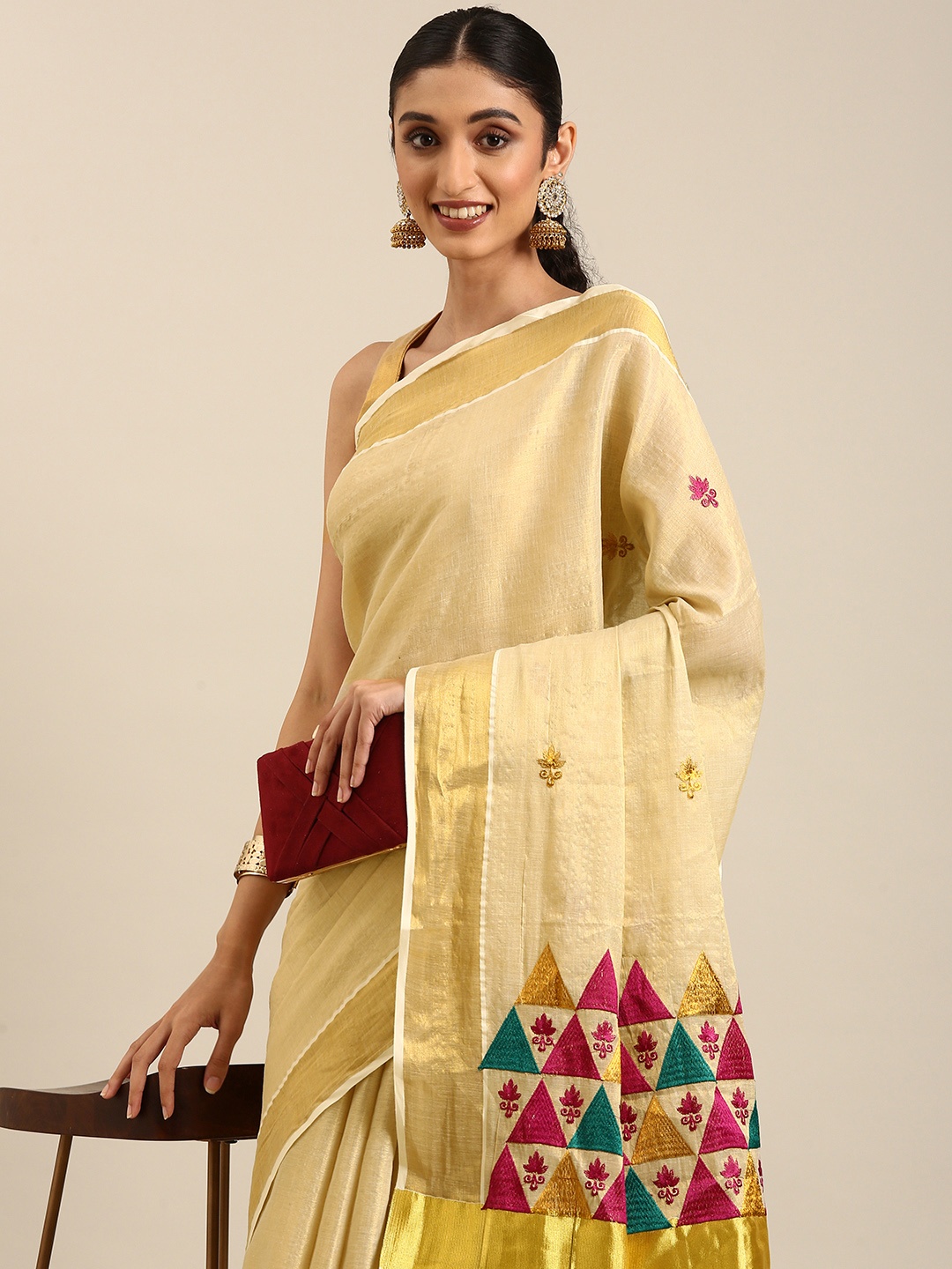 

Thara Sarees Embroidered Pure Cotton Kasavu Saree, Gold
