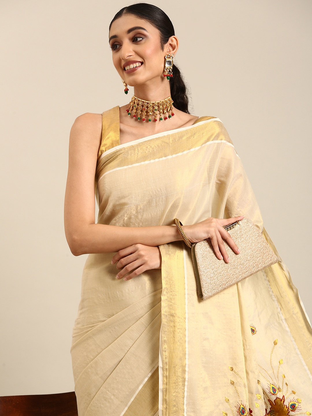 

Thara Sarees Ethnic Motifs Zari Pure Cotton Kasavu Saree, Gold