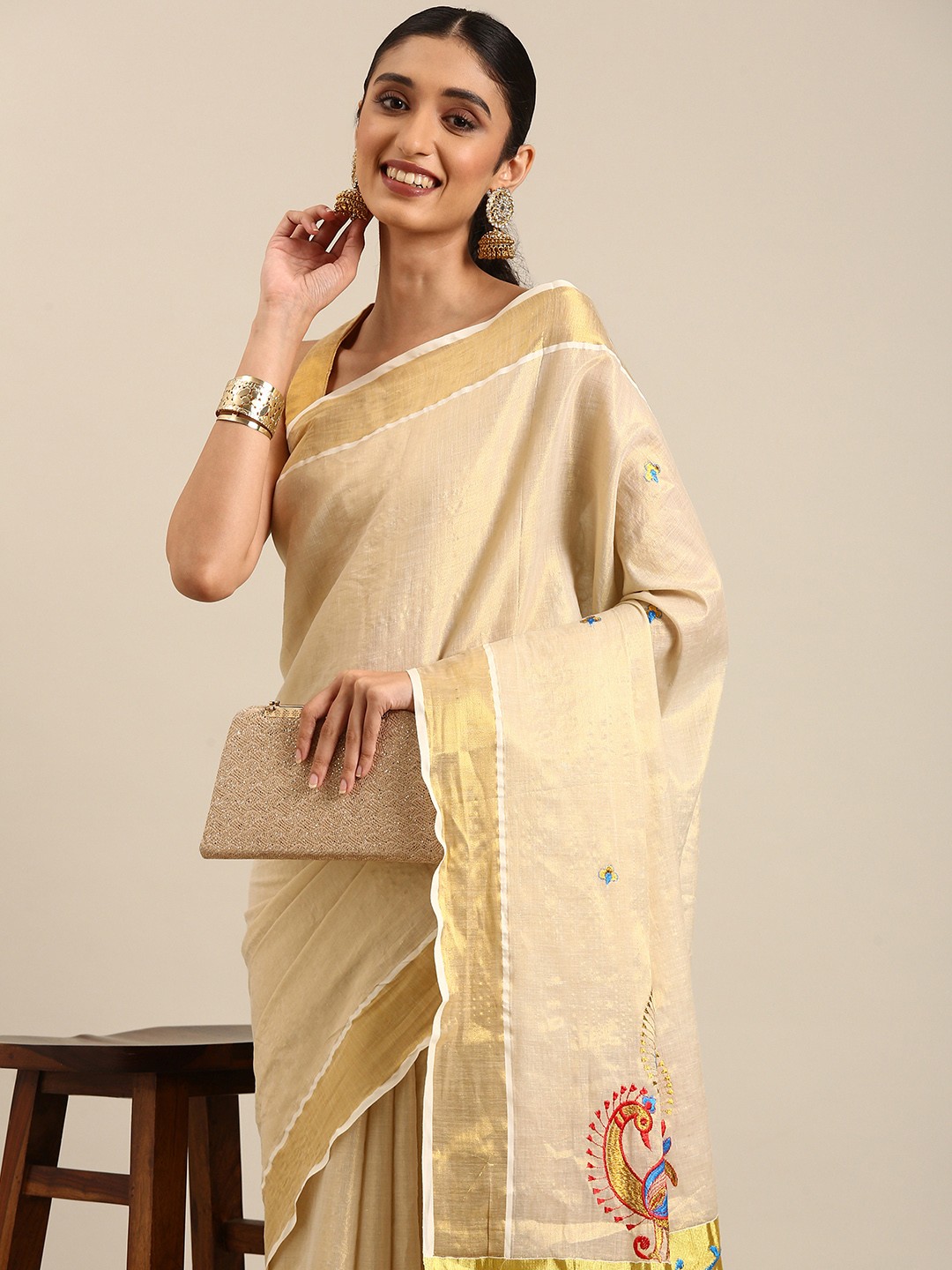 

Thara Sarees Embroidered Pure Cotton Kasavu Saree, Gold