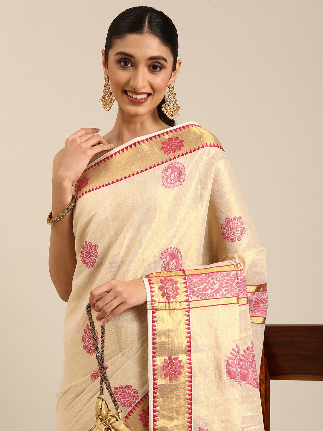 

Thara Sarees Ethnic Motifs Zari Pure Cotton Kasavu Saree, Gold