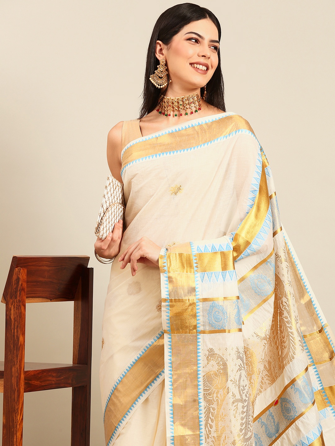 

Thara Sarees Floral Pure Cotton Kasavu Saree, Off white
