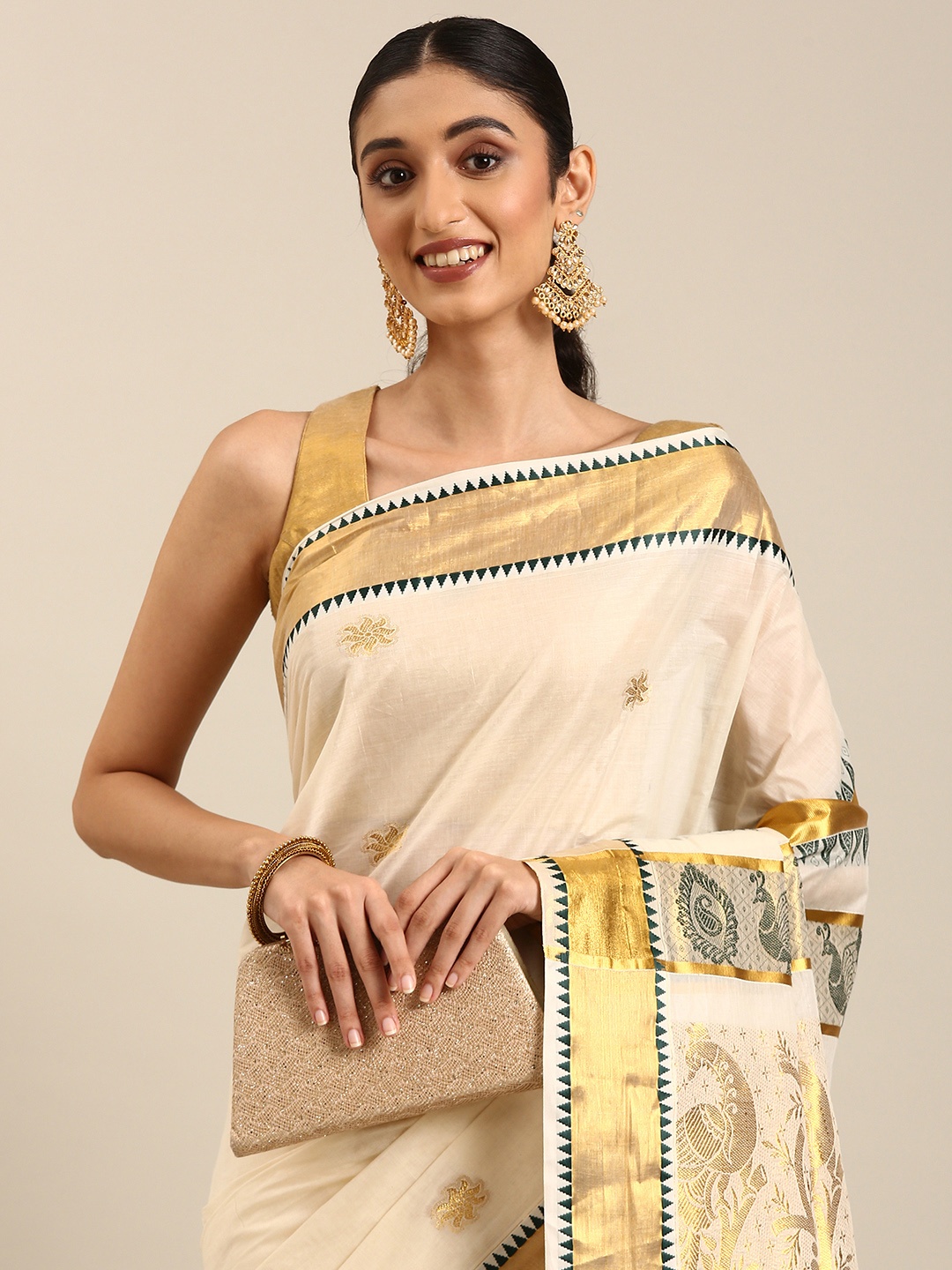 

Thara Sarees Ethnic Motifs Zari Pure Cotton Kasavu Saree, Off white