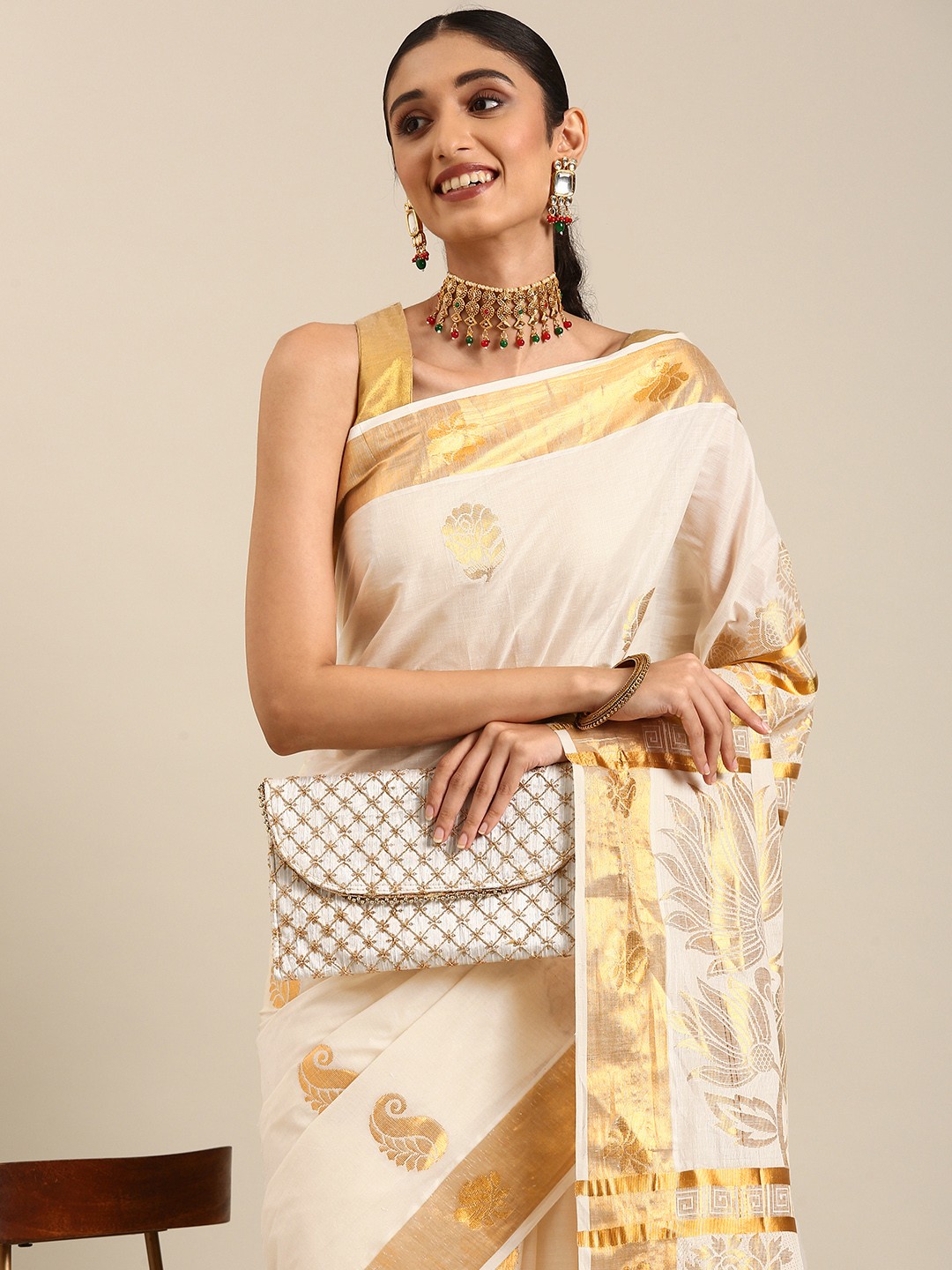 

Thara Sarees Floral Zari Pure Cotton Kasavu Saree, Off white