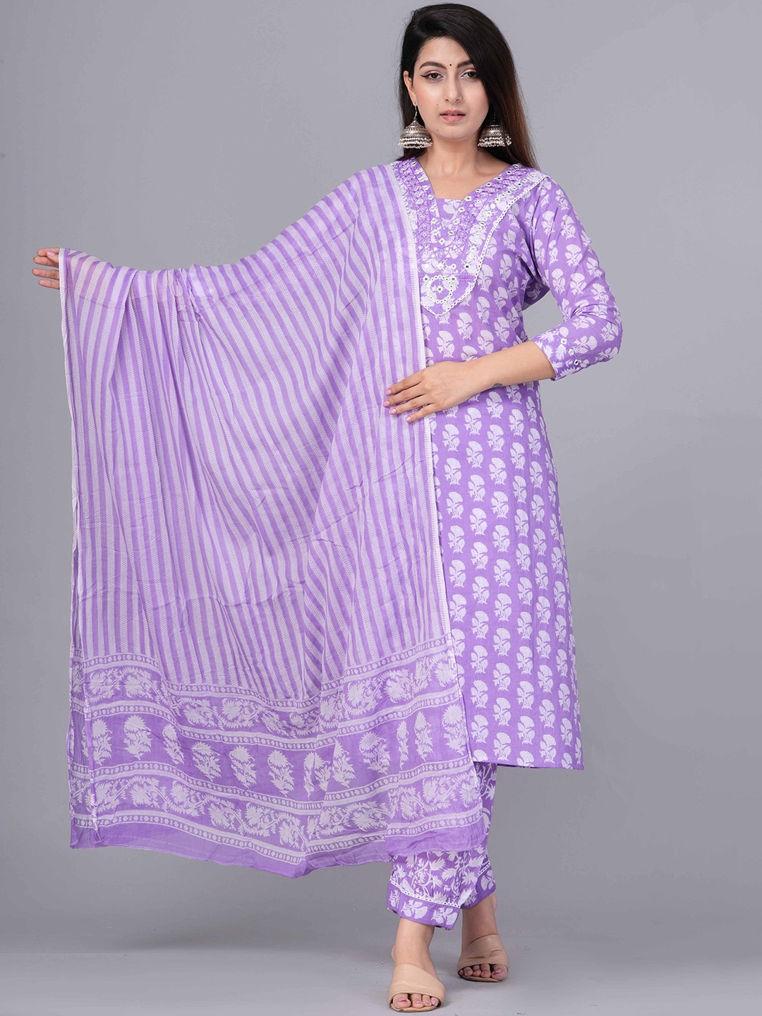 

KPF Ethnic Motifs Printed Regular Pure Cotton Kurta With Trousers & Dupatta, Purple