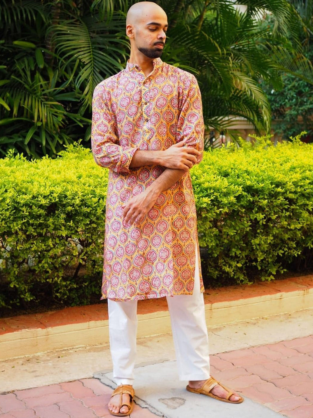 

Aashima Wahal Ethnic Motifs Brand Collar Long Sleeve Cotton Silk Kurta, Orange