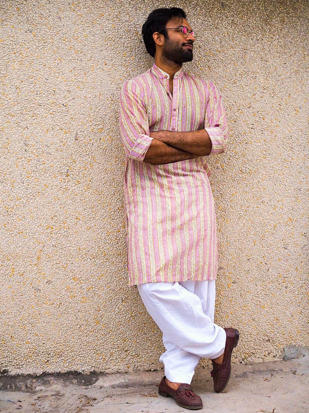 

Aashima Wahal Striped Brand Collar Long Sleeve Cotton Silk Kurta, Pink