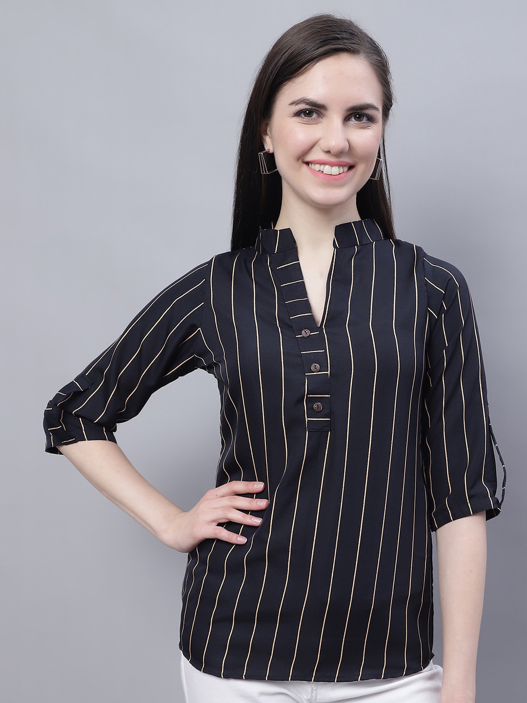 

Enchanted Drapes Striped Mandarin Collar Crepe Shirt Style Top, Black