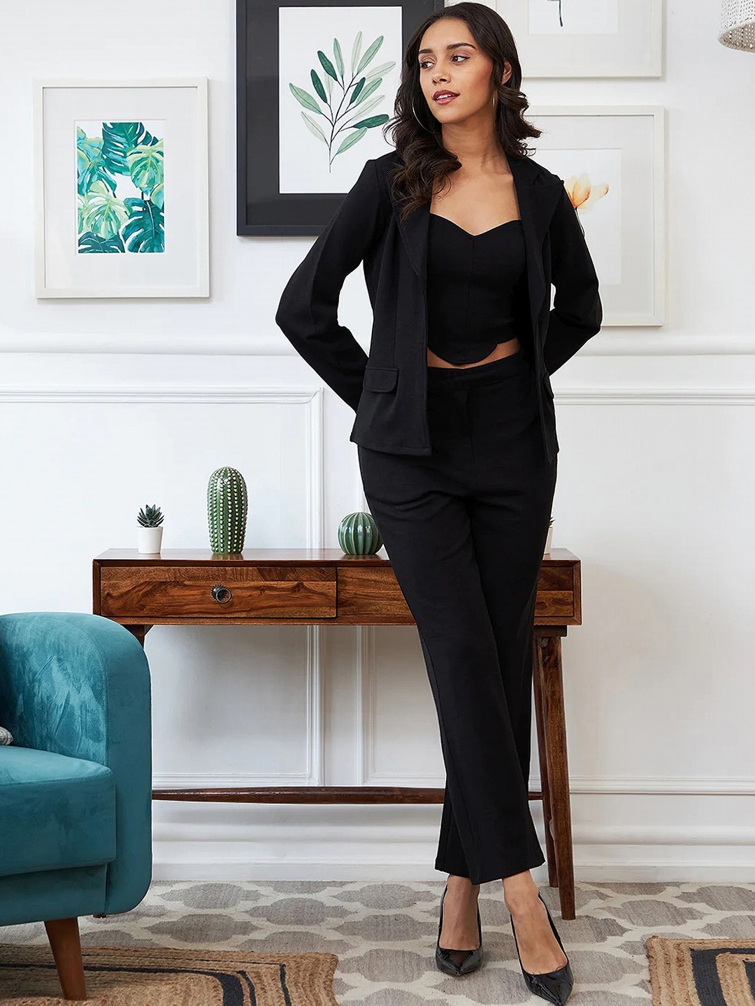 

BAESD Sweetheart Neck Top & Jacket With Trouser, Black