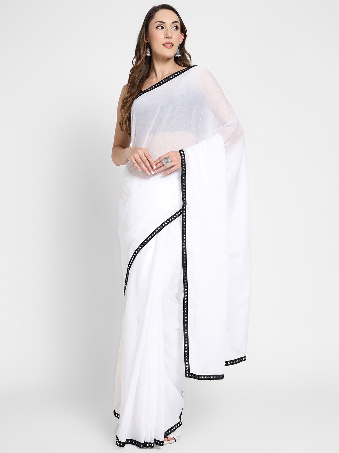 

KAPASRITI Mirror Work Pure Cotton Saree, White
