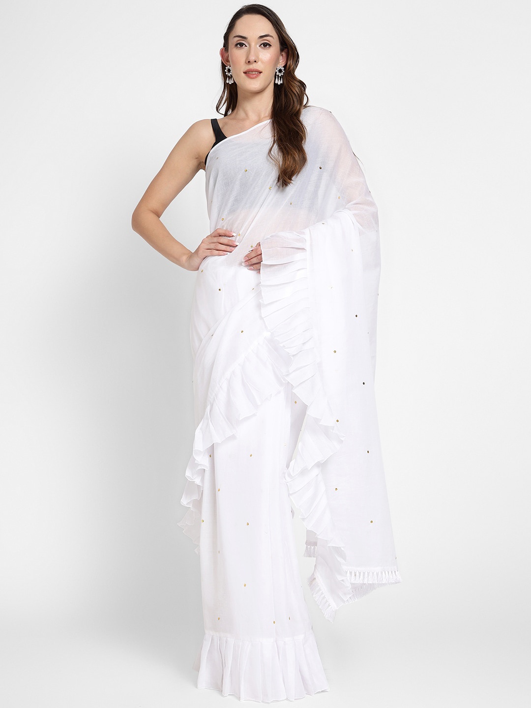 

KAPASRITI Sequinned Ruffled Pure Cotton Saree, White