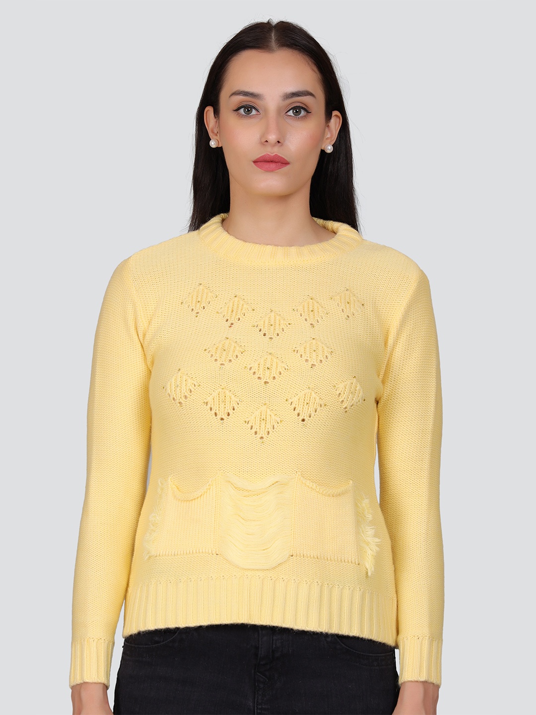 

Arshiya Self Design Knits Acrylic Crop Regular Top, Yellow